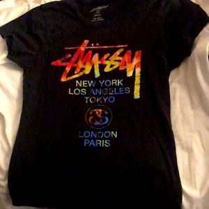 STUSSY black rainbow graphic tee (tagged large)